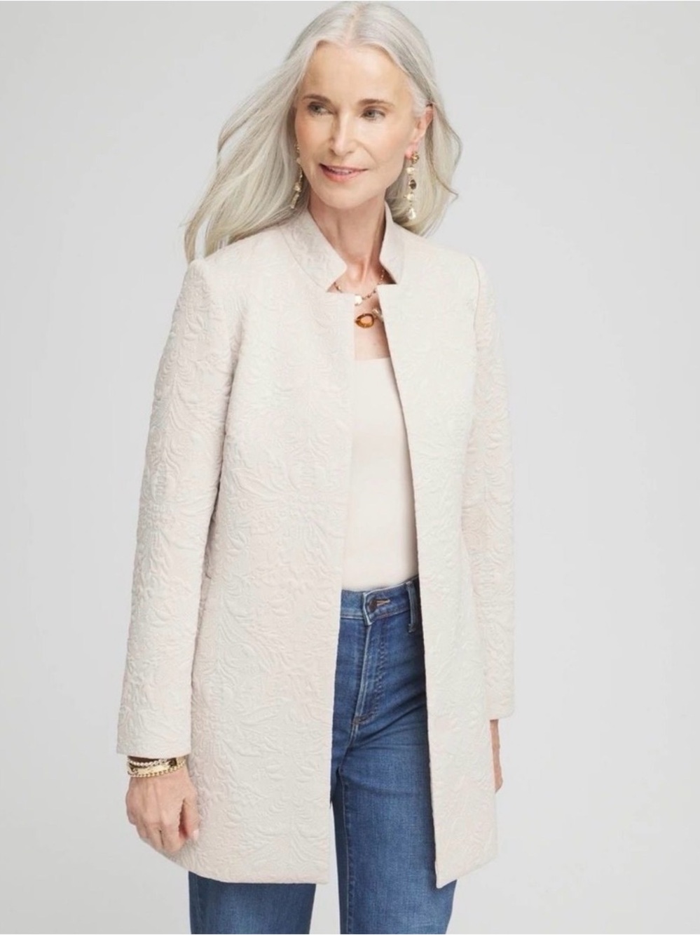 Chico’s Women’s Cream Textured Long Collarless Coat
